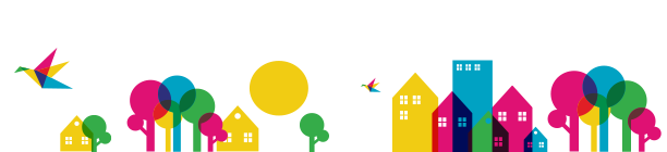 Colorful image of Homes and trees and birds